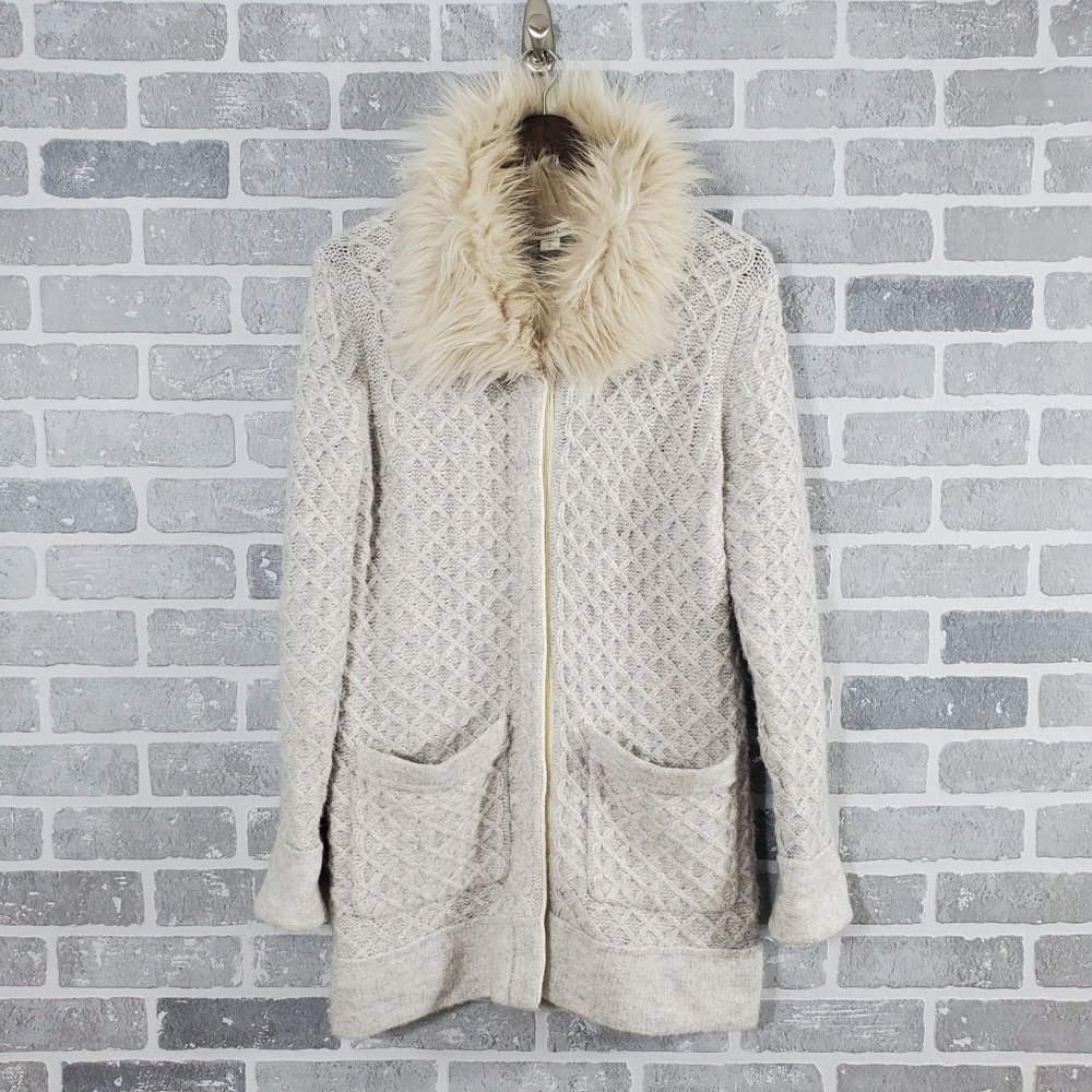 Coldwater Creek Women's 8 Gray Snap Front Faux Fur Collar Long Cardigan Sweater